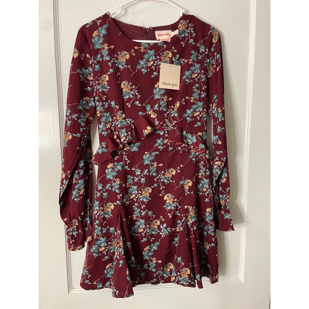 Show Po Wine Floral Long Sleeve Ruffle Mini Dress